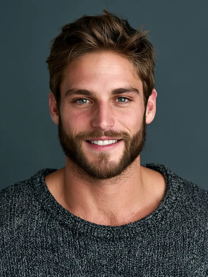 Portrait of a smiling man in his thirties with a short beard and knit sweater against a slate studio backdrop