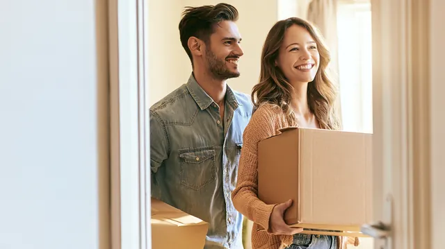 Smiling couple carrying moving boxes into a bright new apartment, a move financed with a $1,000 loan
