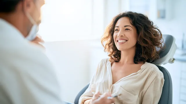 Dentist chatting with a smiling woman in her forties seated in a modern dental chair, treatment paid with a $2,000 loan