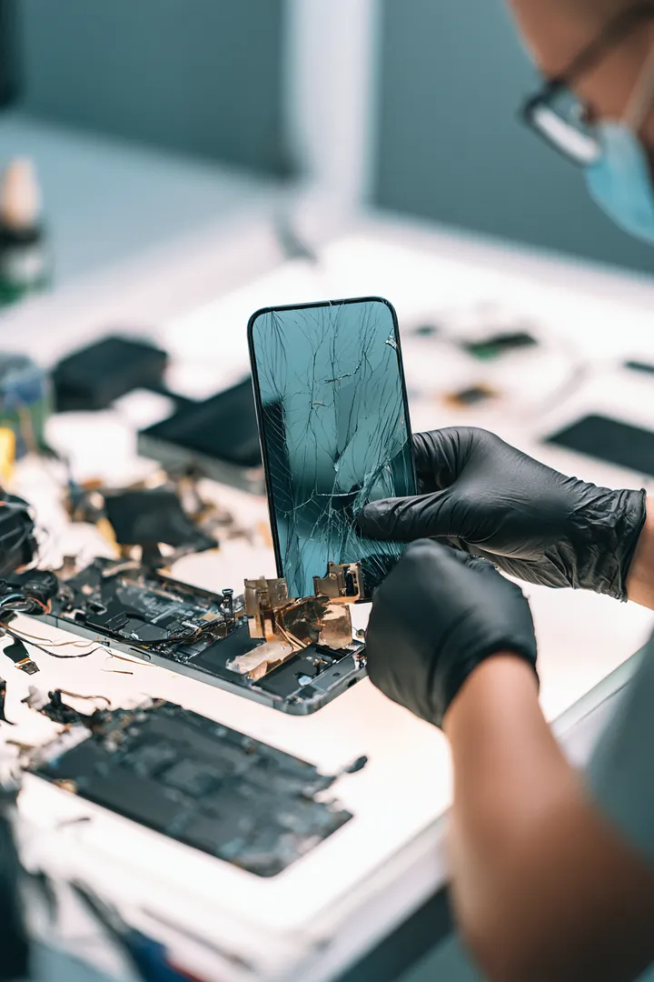 Technician's hands fitting a new screen onto a modern smartphone at a bright repair kiosk counter