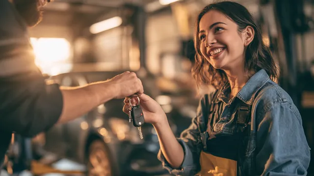 Mechanic handing car keys back to a relieved young woman in a modern auto repair shop after a repair covered by a $500 loan