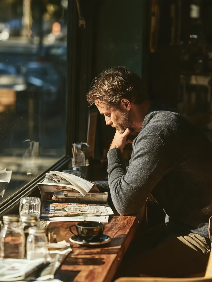 Man in his 30s reading a print magazine at a cafe window counter