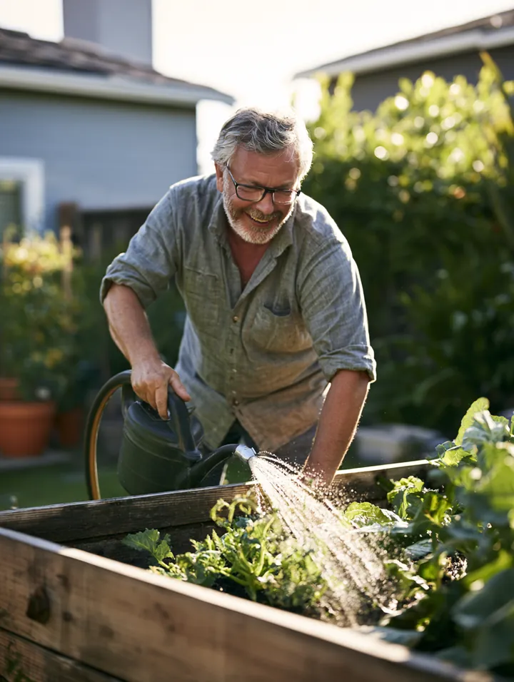 Man in his 60s watering a raised vegetable garden bed in a neat modern backyard