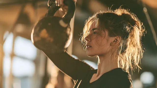 Woman in her 30s lifting a kettlebell in a bright modern gym, the same steady effort a debt plan after everest business funding needs