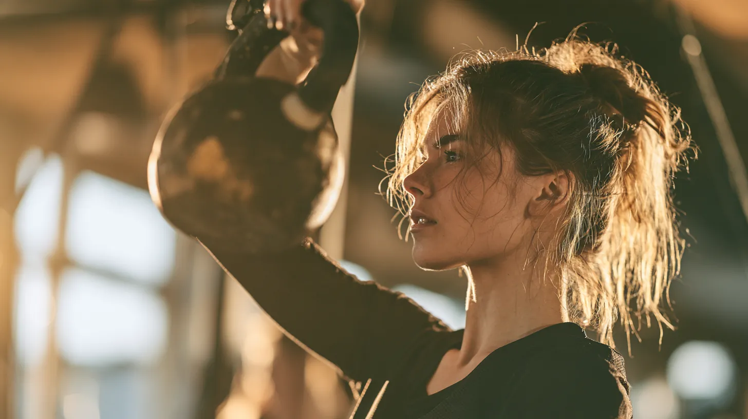 Woman in her 30s lifting a kettlebell in a bright modern gym, the same steady effort a debt plan after everest business funding needs