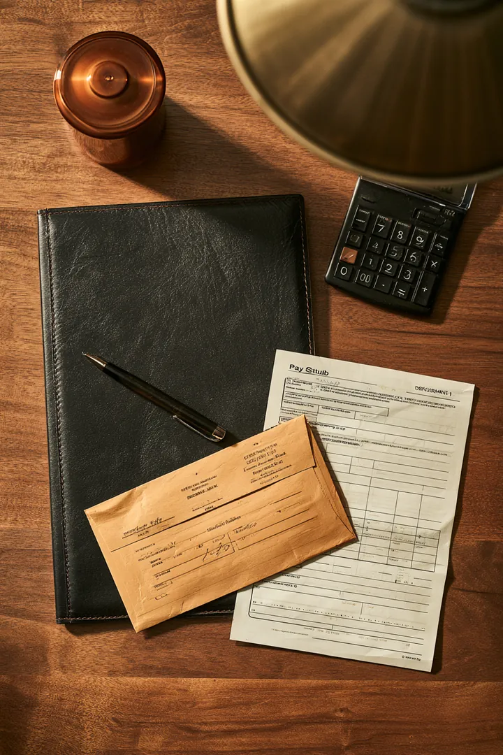 Leather document folder, pay stub envelope and utility bill squared on a walnut desk, ready for an everest business funding request