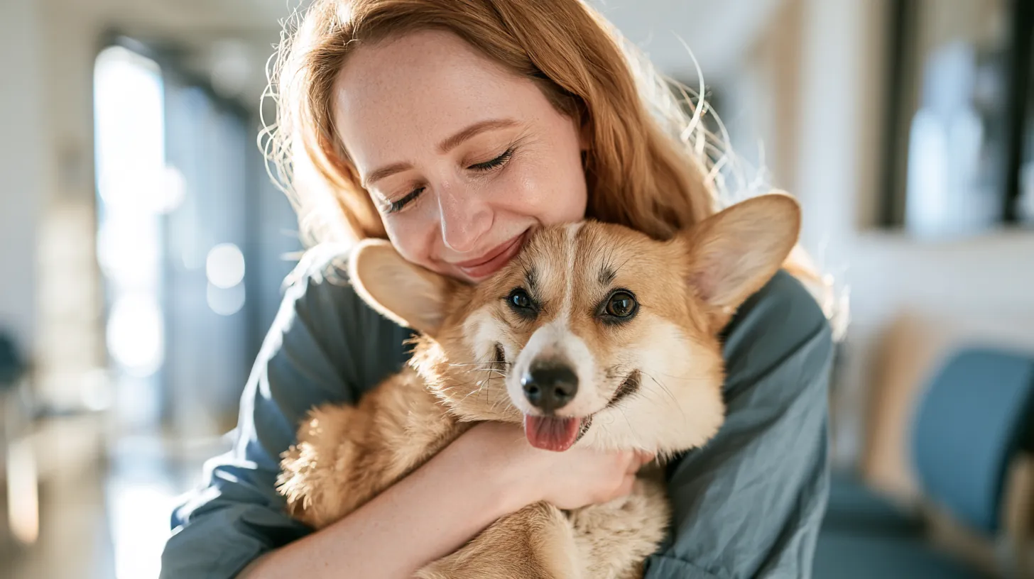 American woman in her 40s hugging her corgi in a bright modern animal hospital waiting area