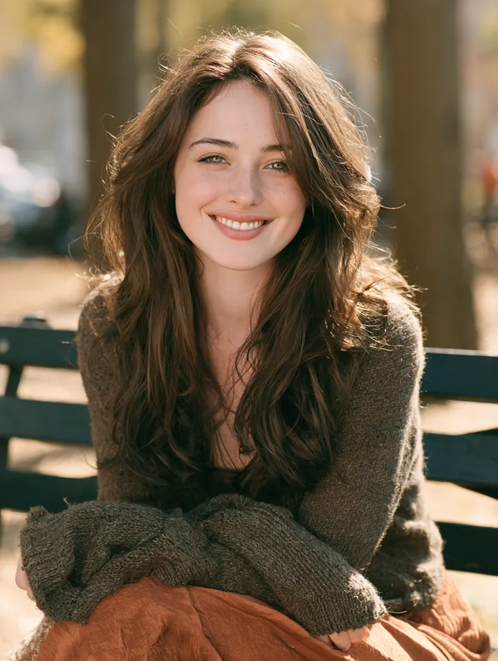 Woman in her 20s sitting on a park bench with a relaxed smile, trees softly blurred behind her
