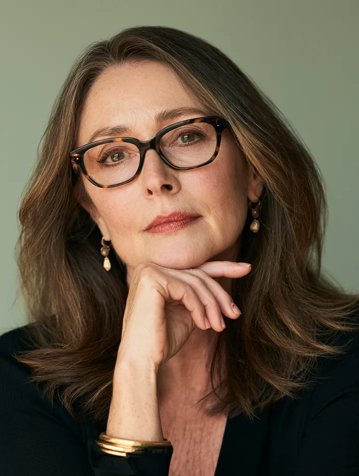 Woman in her 50s wearing tortoiseshell glasses with a thoughtful expression against a sage backdrop