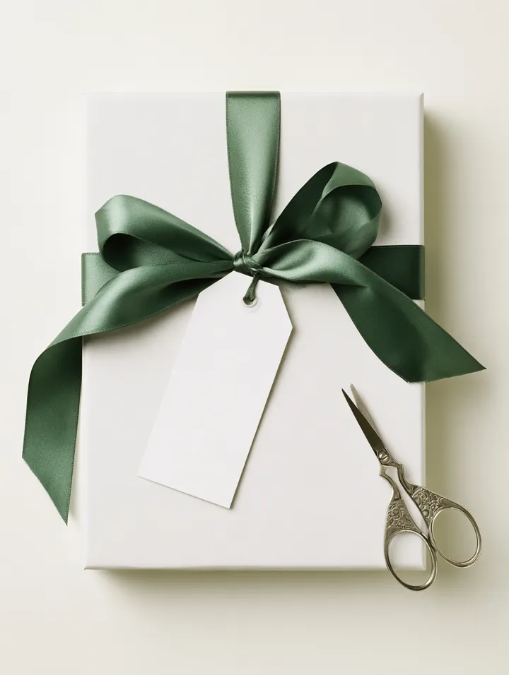 White gift box with a green satin ribbon, blank gift tag and small scissors on a clean tabletop, a planned gift that avoids leaning on everest business funding