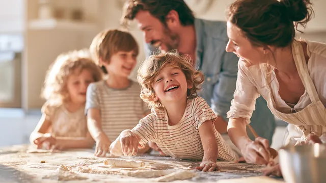 American family baking holiday cookies together in a modern kitchen with flour on the counter and kids laughing