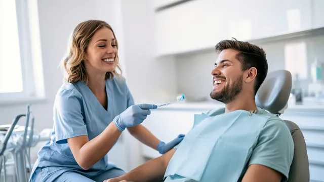 Dental hygienist handing a new toothbrush to a smiling man in his 20s in a modern dental office after treatment paid with everest business funding