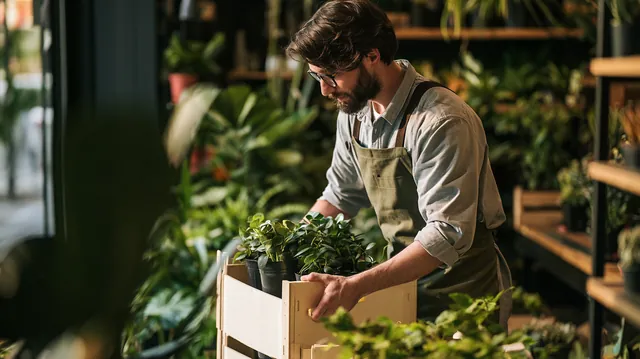 Plant shop owner in his 30s unloading crates of new potted plants inside his small modern storefront