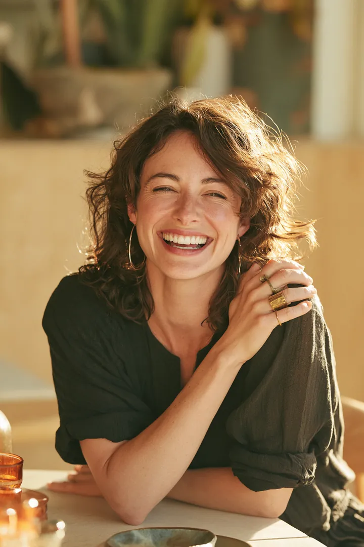 Woman in her 40s laughing at a minimalist cafe table with light wood and plants softly blurred behind her