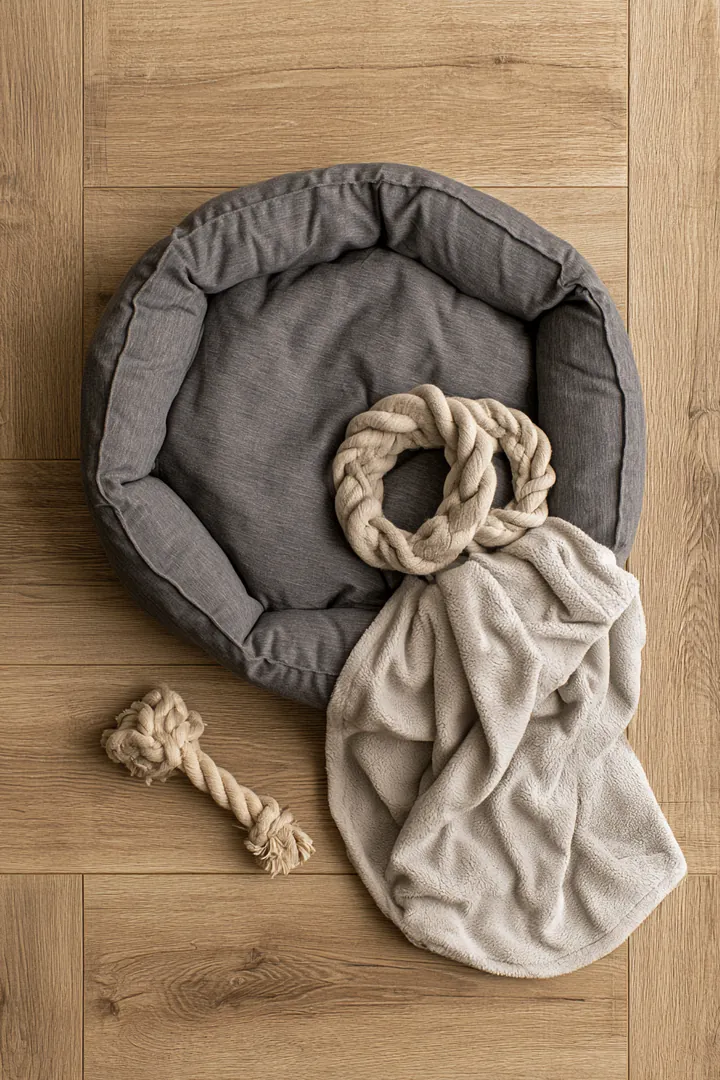 Top-down view of a new round gray pet bed on a light oak floor with a rope chew toy and a soft fleece blanket