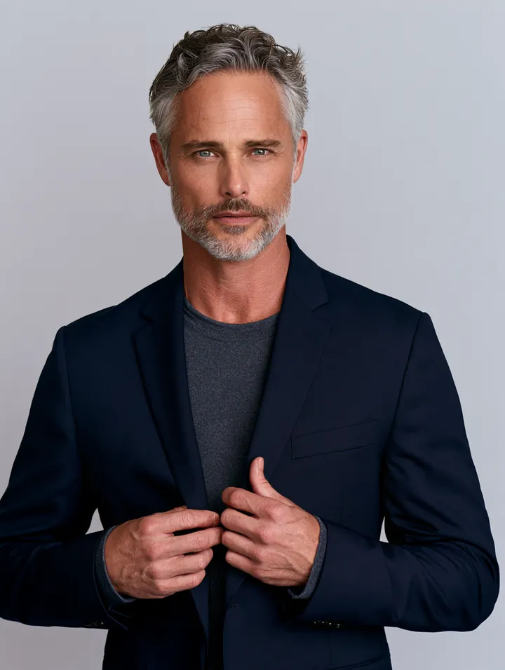 Man in his 50s adjusting the lapel of a navy blazer against a light gray studio backdrop