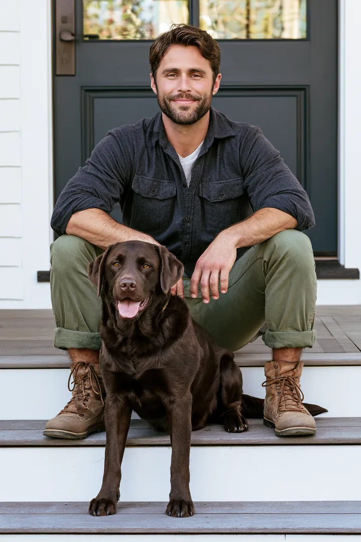 Man in his 30s relaxing on front porch steps with his chocolate labrador leaning against him