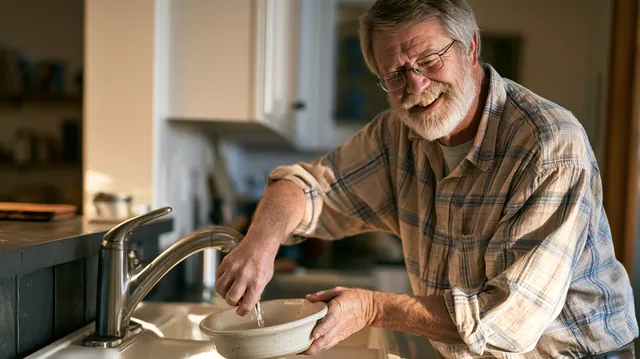 American man in his 60s filling a ceramic pet water bowl at a modern kitchen sink with a warm expression