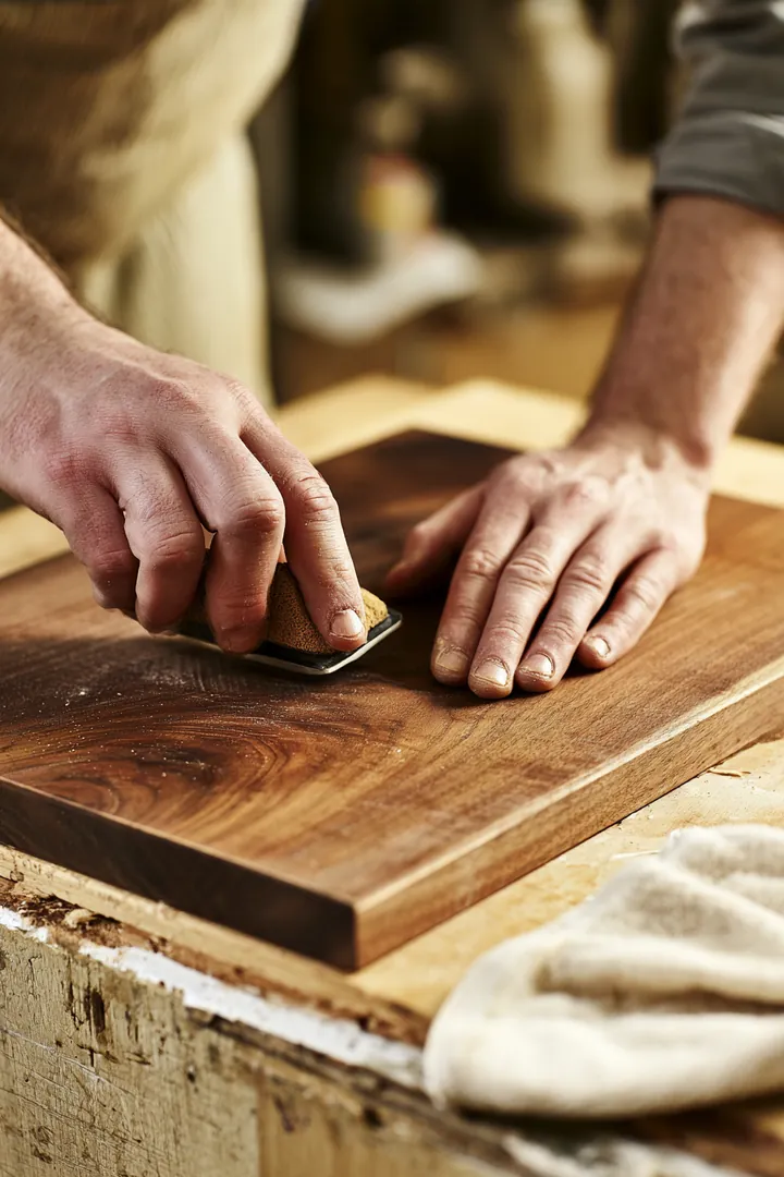 Woodworker sanding a walnut cutting board edge in a small workshop funded through an everest business funding request