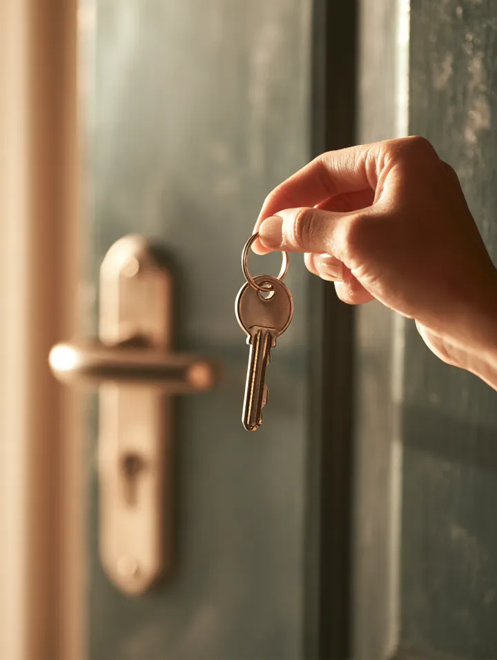 Hand holding a single new apartment key in front of a freshly painted door, a reminder that credit scores matter well beyond everest business funding searches
